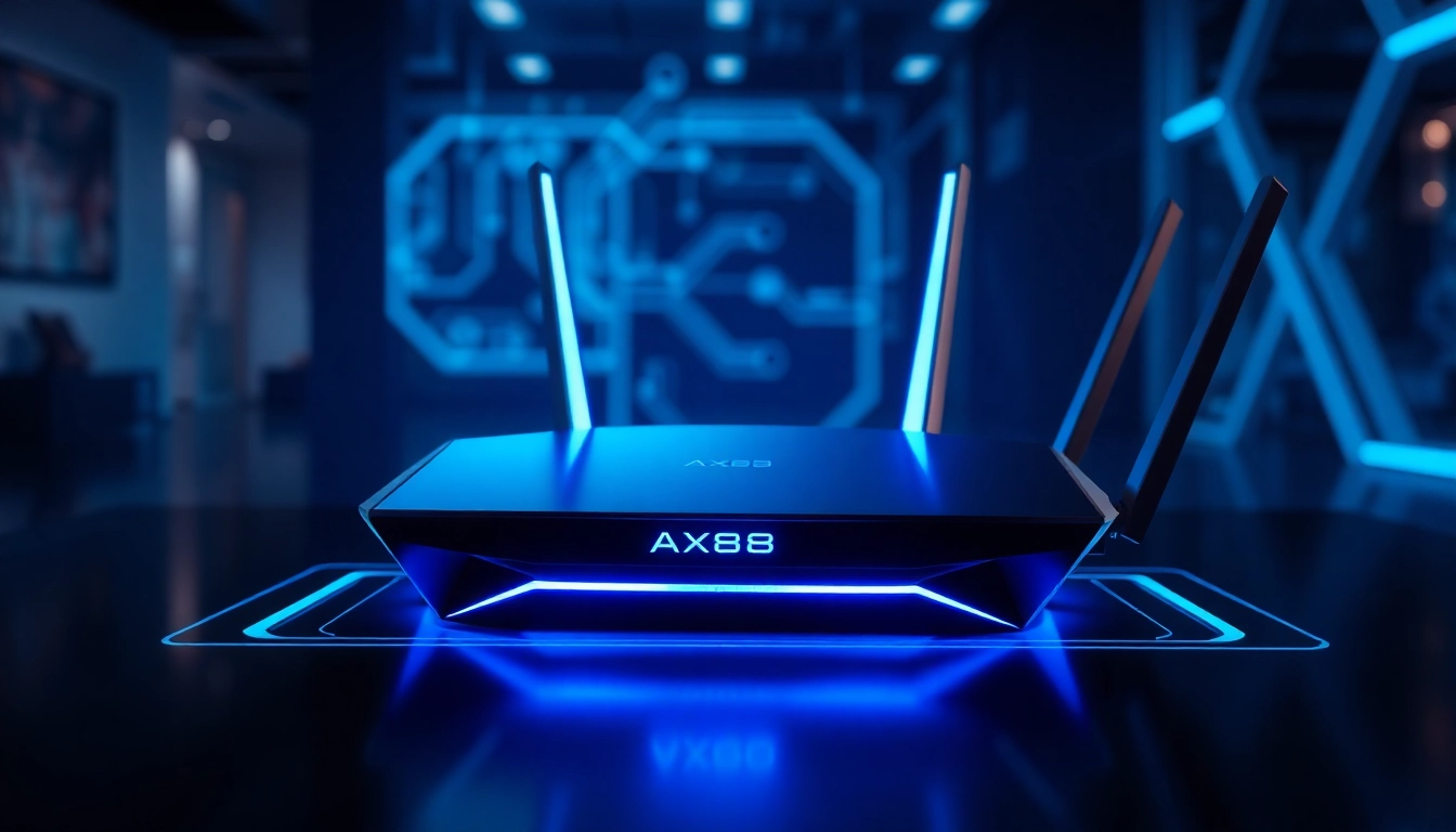 AX88 high-performance WiFi router delivering ultra-fast internet in a sleek, modern design for seamless connectivity.