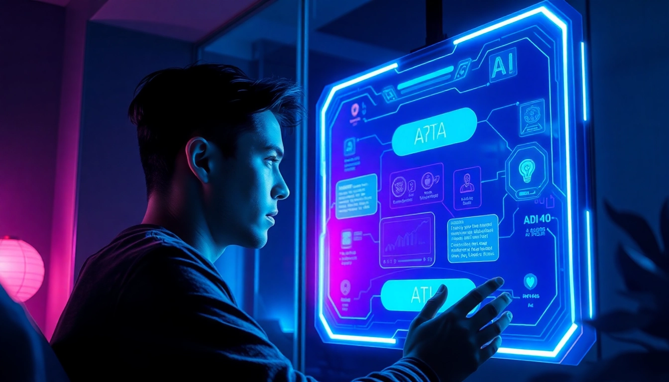 Futuristic person interacting with an AI chatbot on a holographic display in a dimly lit room with neon accents.
