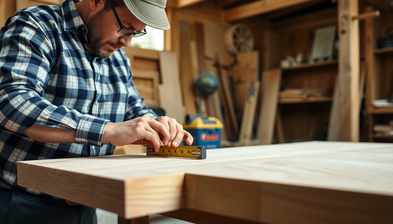 Professional carpenter performing detailed woodworking tasks in a well-equipped workshop to showcase craftsmanship in carpentry.