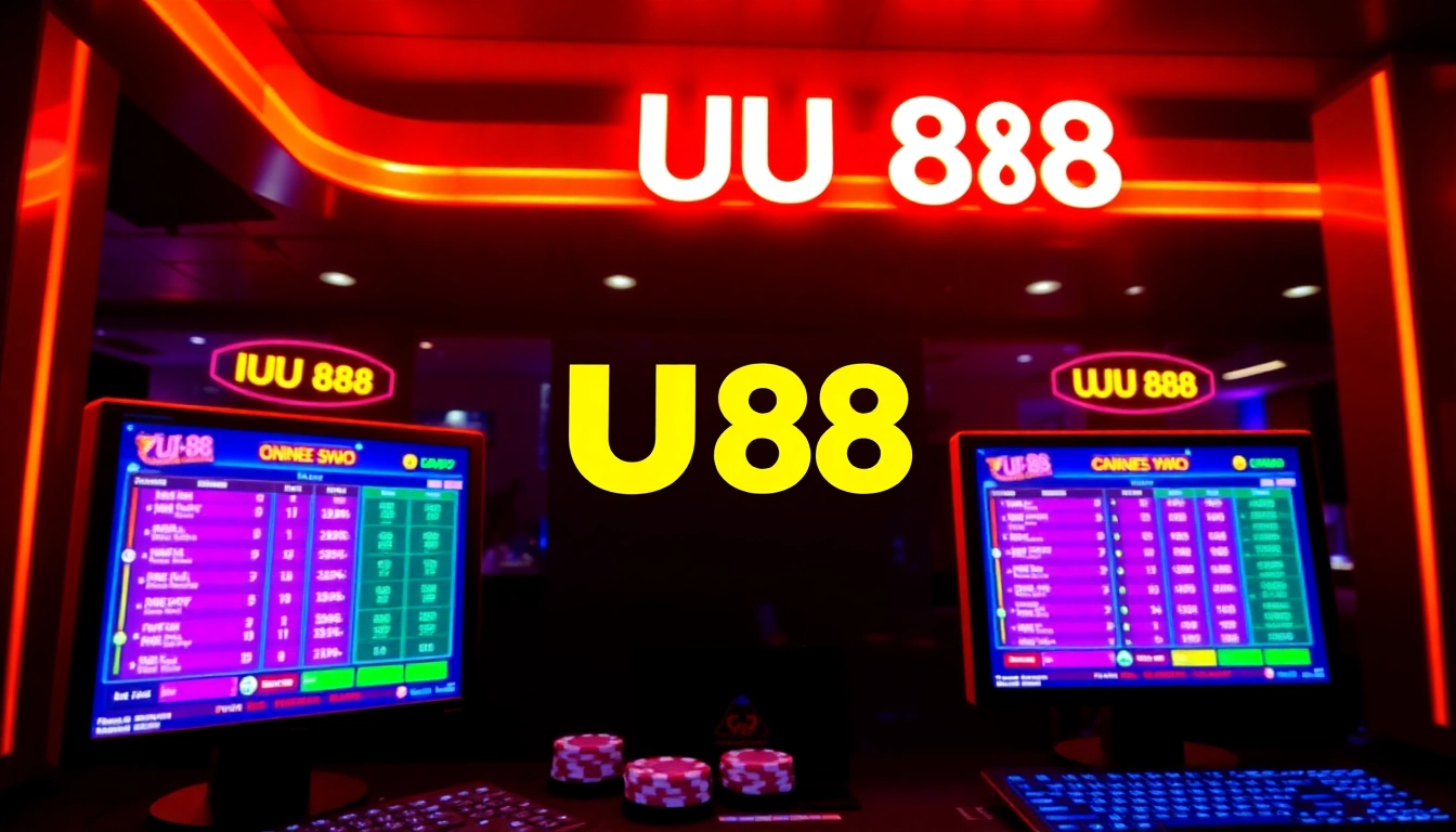 Logo of UU 88 online casino with colorful betting screens and lively gaming atmosphere for user engagement and brand recognition.