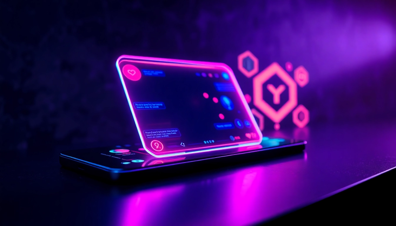 Futuristic AI interface with neon holograms on a digital screen, glowing with vibrant colors and textured details, evoking a high-tech, provocative mood.