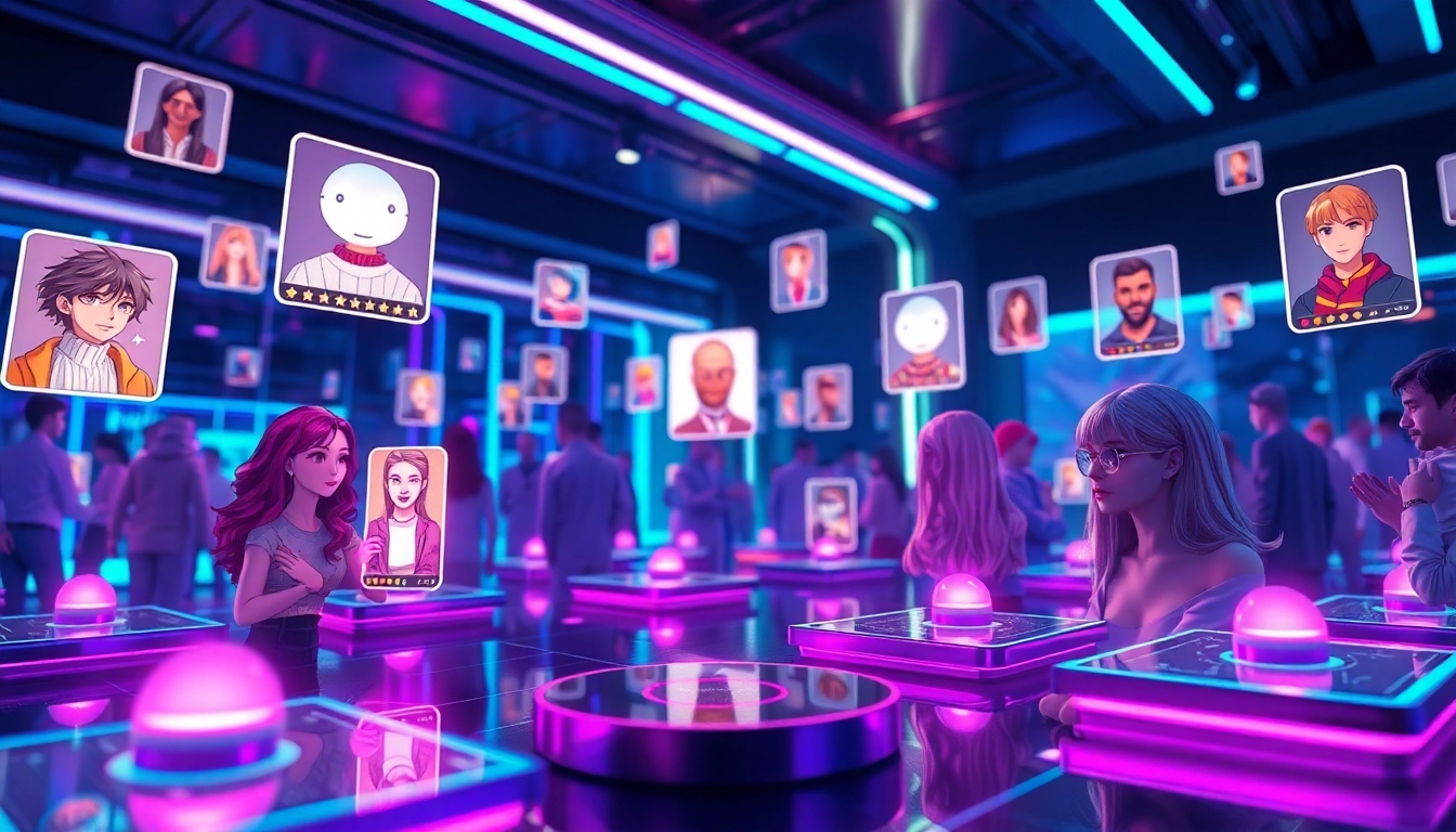 An animated depiction of a futuristic social media world with holographic profiles and AI characters in a glowing, vibrant environment.
