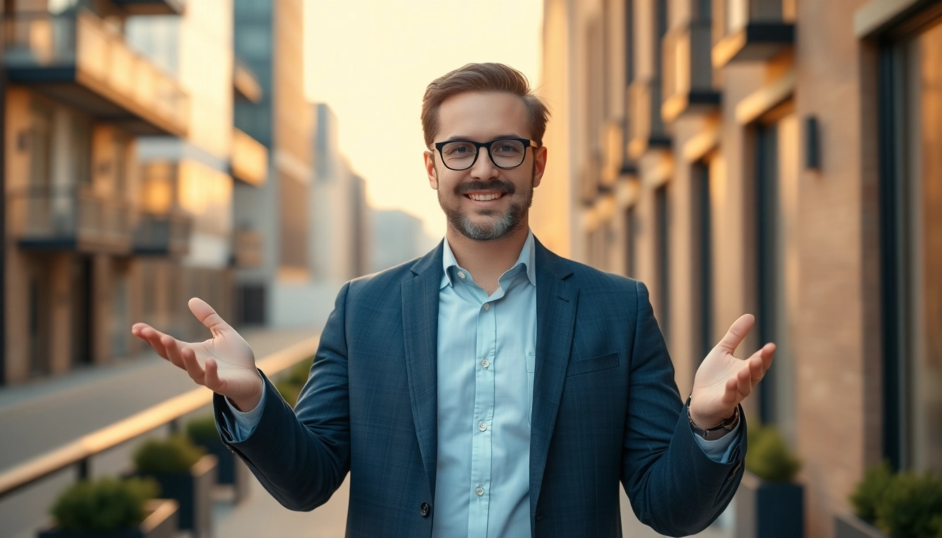 Makler Grevenbroich showcasing a friendly agent presenting a home in a sunny neighborhood, emphasizing trust and expertise in local real estate.