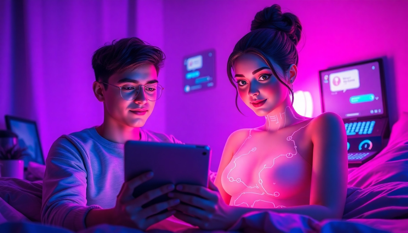A person interacting with a holographic AI girlfriend in a cozy, neon-lit room.