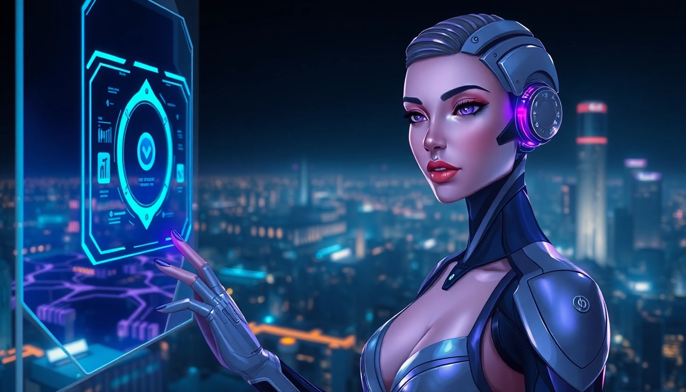 Futuristic female AI character interacting with holographic interface in a high-tech environment.