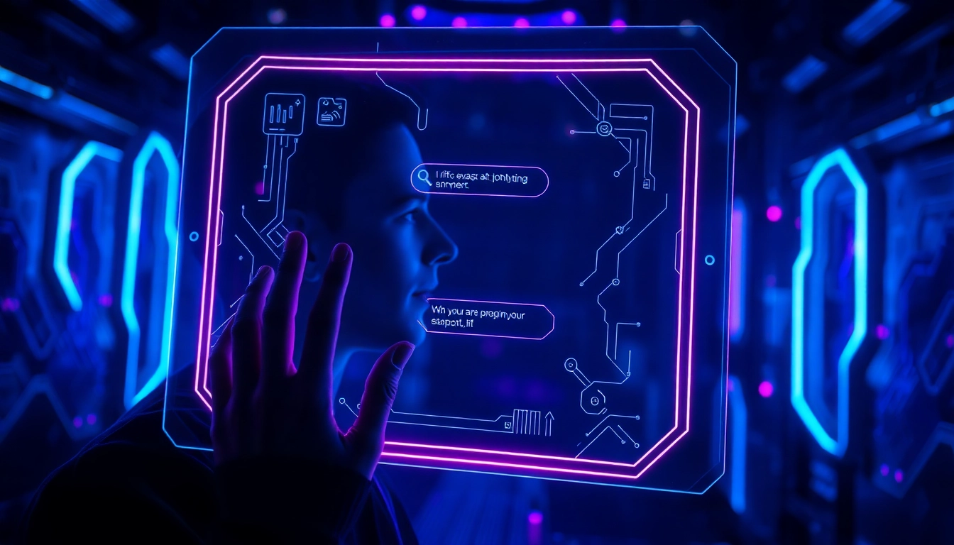 Holographic AI chatbot interface in a futuristic sci-fi environment with neon accents and a human interacting with it.