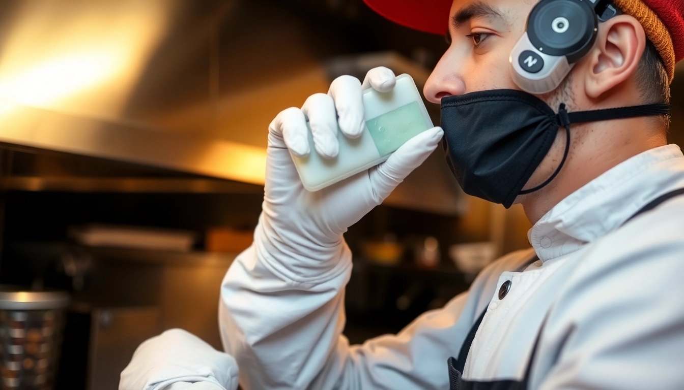 Kakkerlakken bestrijden: Professional pest control technician applying gel bait in a kitchen for effective eradication of cockroach infestations.