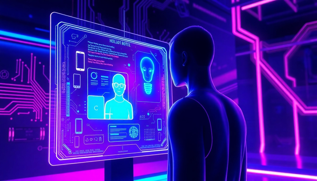 Futuristic digital interface with holographic AI chatbot in a neon-lit tech environment.