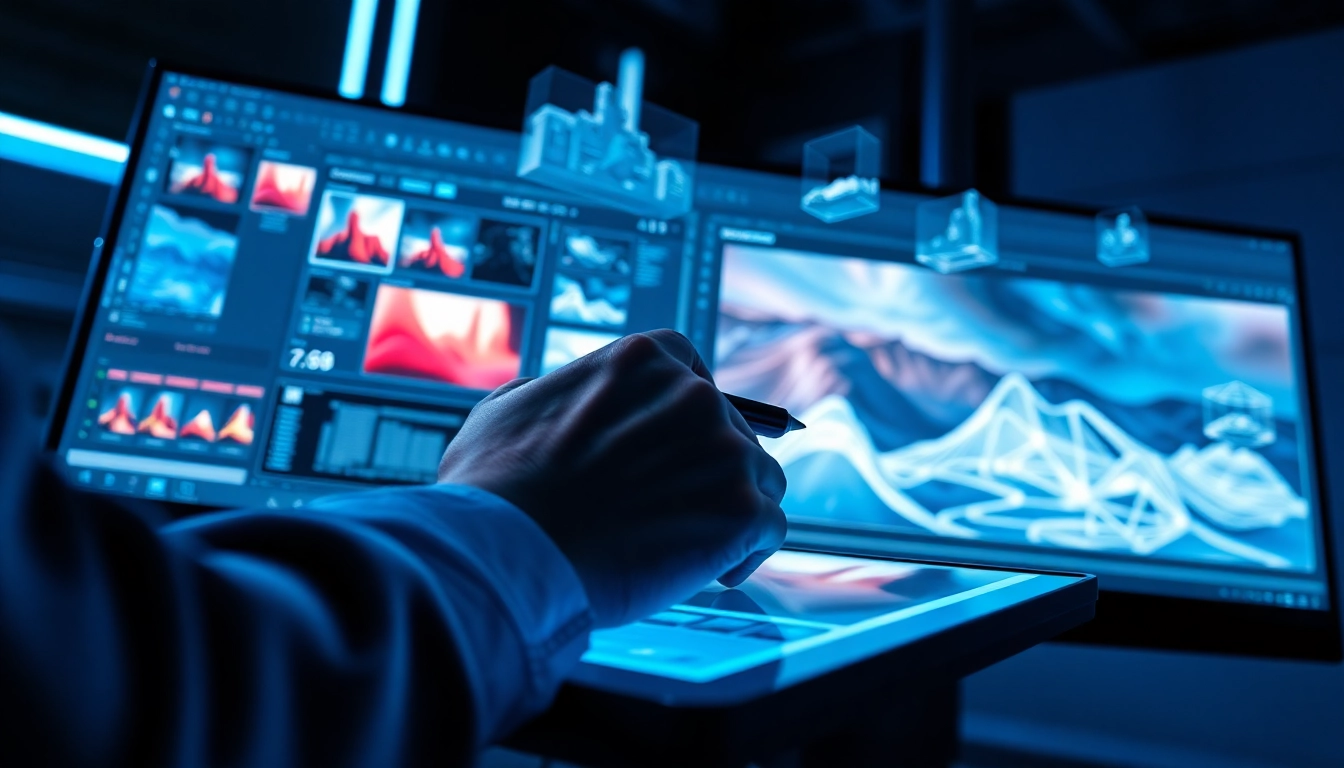 Close-up of a futuristic digital workspace with advanced AI image editing tools and holographic overlays.