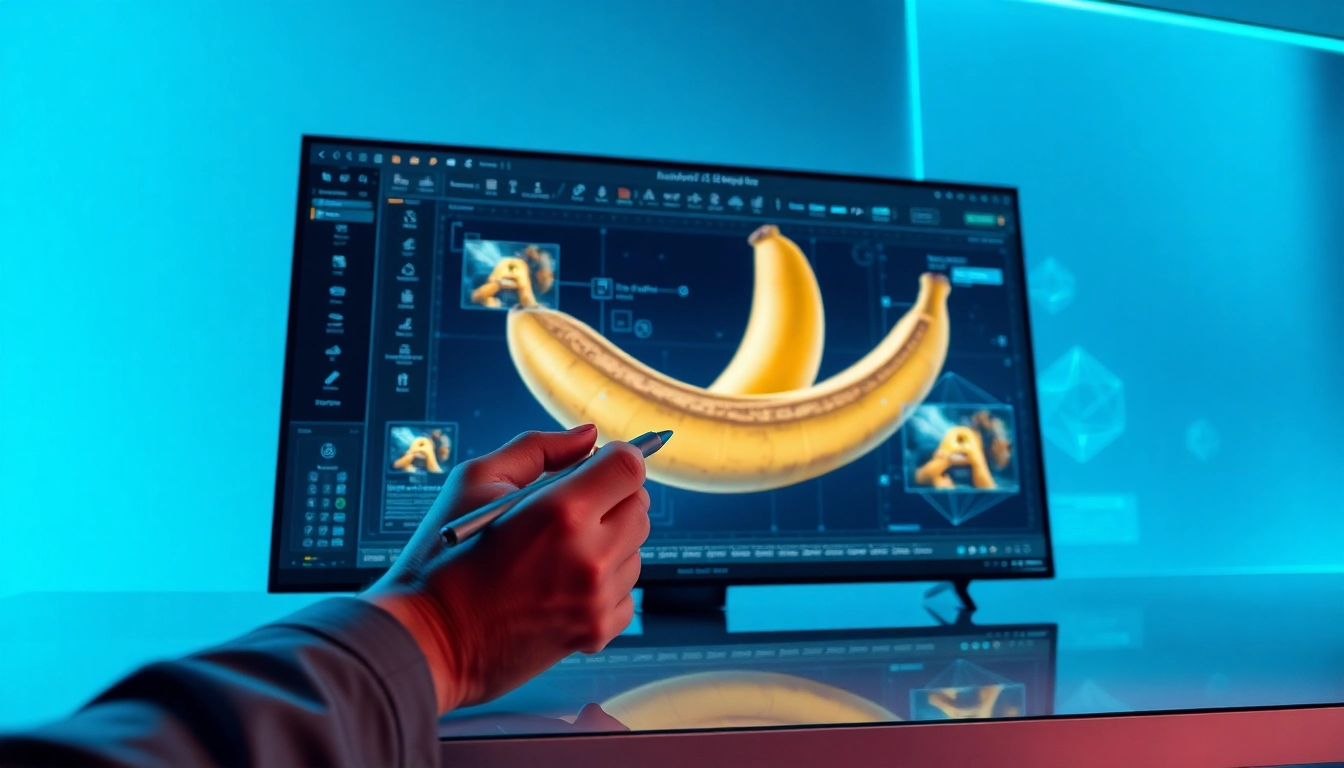 Close-up of a digital artist editing a detailed, surreal banana image on a futuristic computer interface with advanced AI tools.
