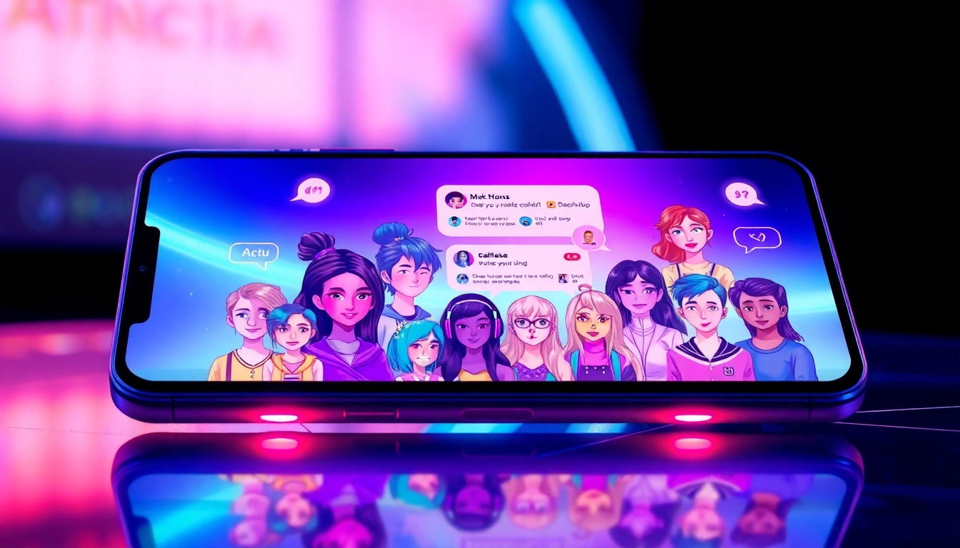 Illustration of a futuristic chat interface with diverse AI characters in a high-tech environment