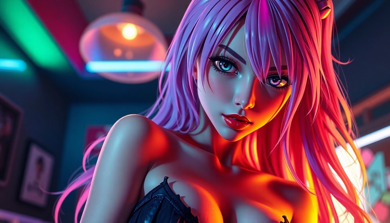 Anime-style female character in a seductive pose with neon-lit background
