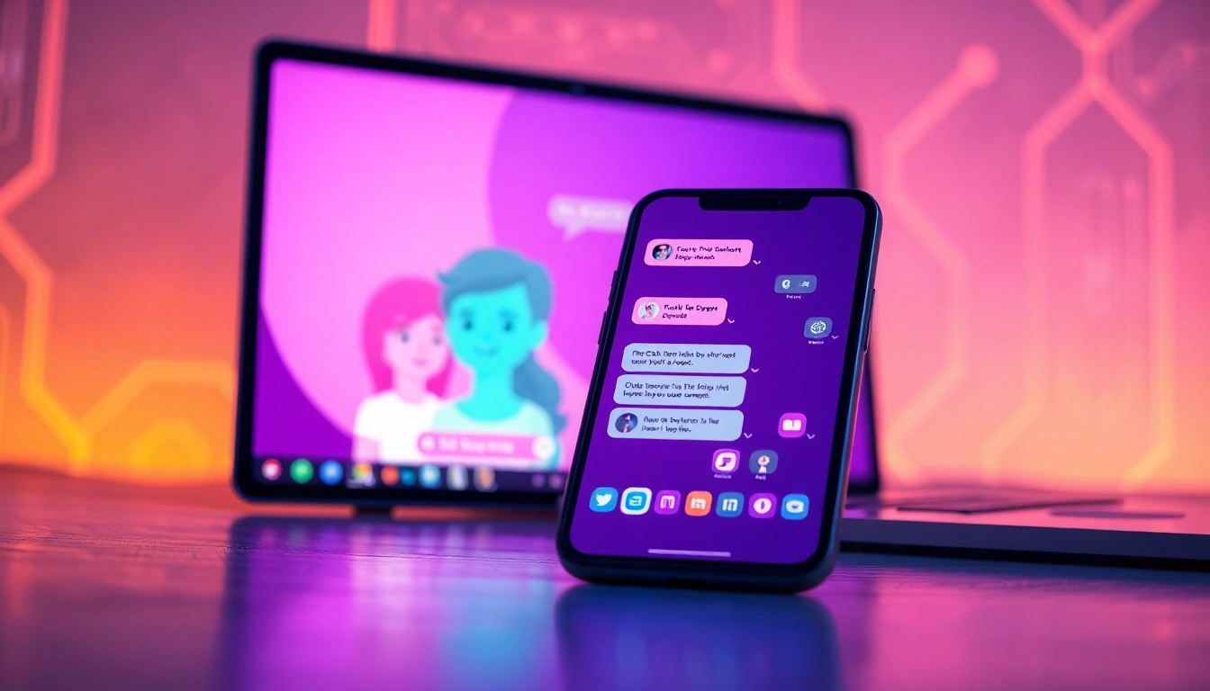 An illustration of a smartphone and desktop screen showing animated AI characters in a vibrant, glowing digital environment, emphasizing modern, engaging conversation interfaces.