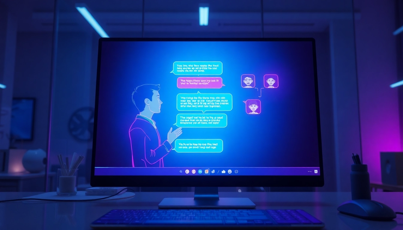 Close-up of a futuristic AI chatbot interface with neon colors and expressive avatars on a sleek computer screen.