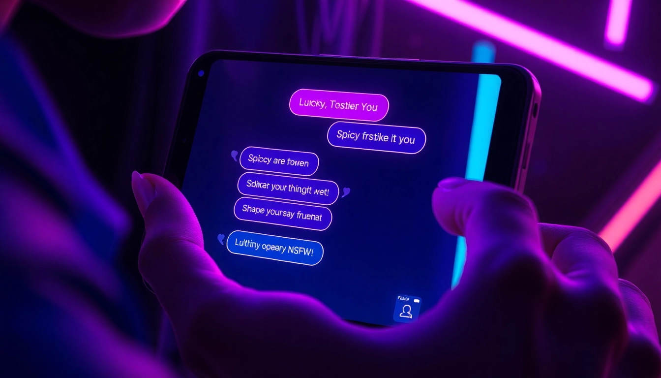 Close-up of a user interacting with a neon-lit chatbot interface on a modern device, with glowing text bubbles suggesting spicy conversation.