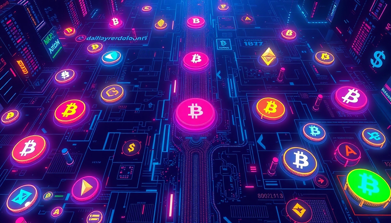 Visitors analyze a colorful chart of altcoins showing growth trends in a modern trading environment