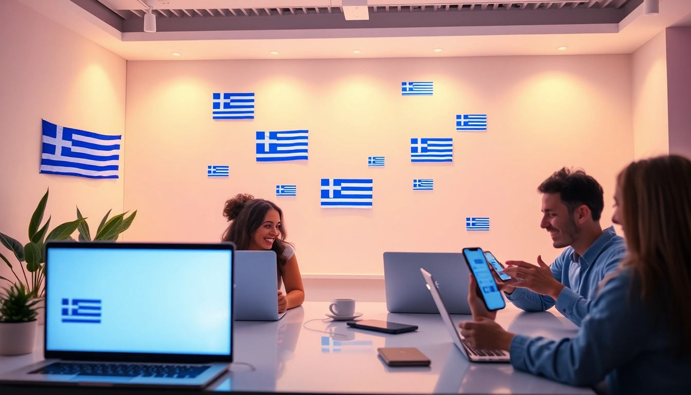 Engaging Greek chat interface showcasing users connecting through digital devices in a friendly