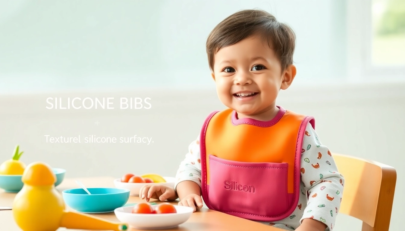 Bavaglini in silicone con tasca per bambini being worn by a smiling toddler at meal time for