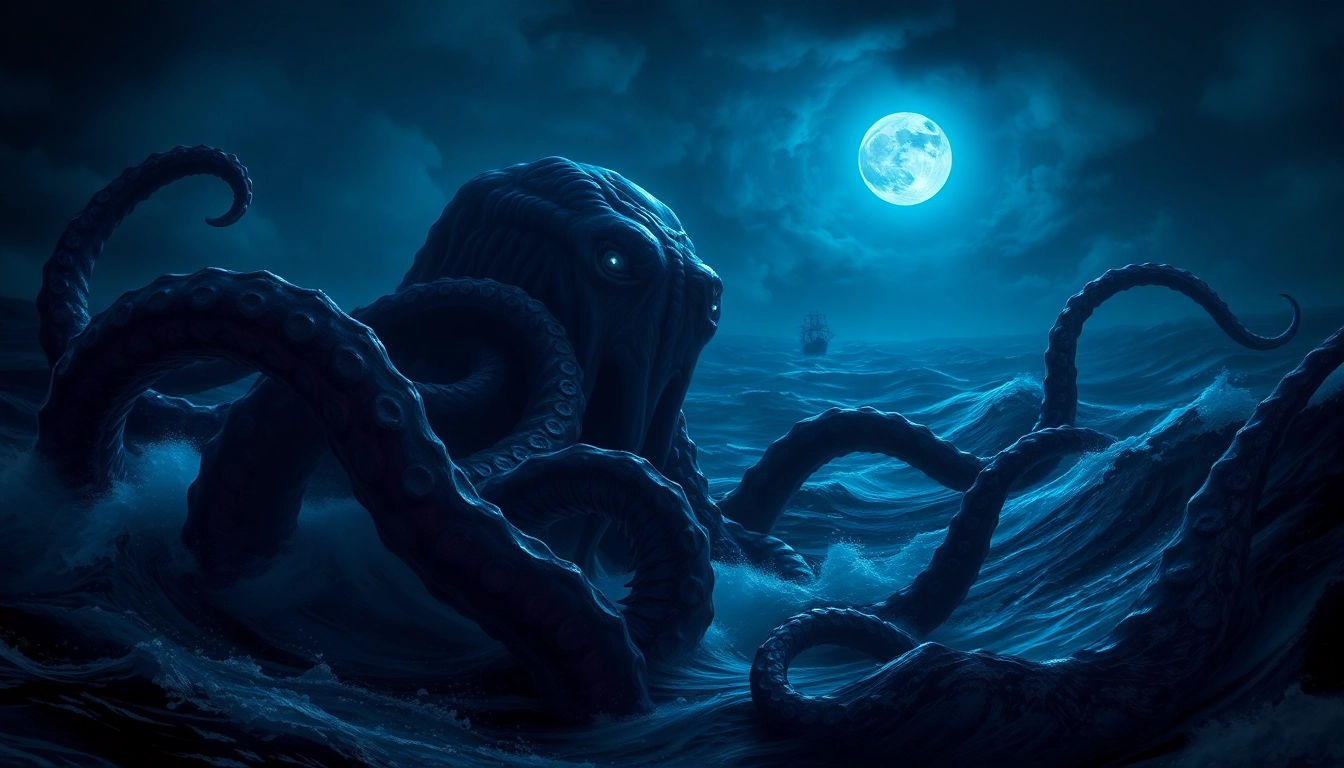 Powerful Kraken attacking a ship at sea, with massive tentacles and glowing eyes in deep dark waters