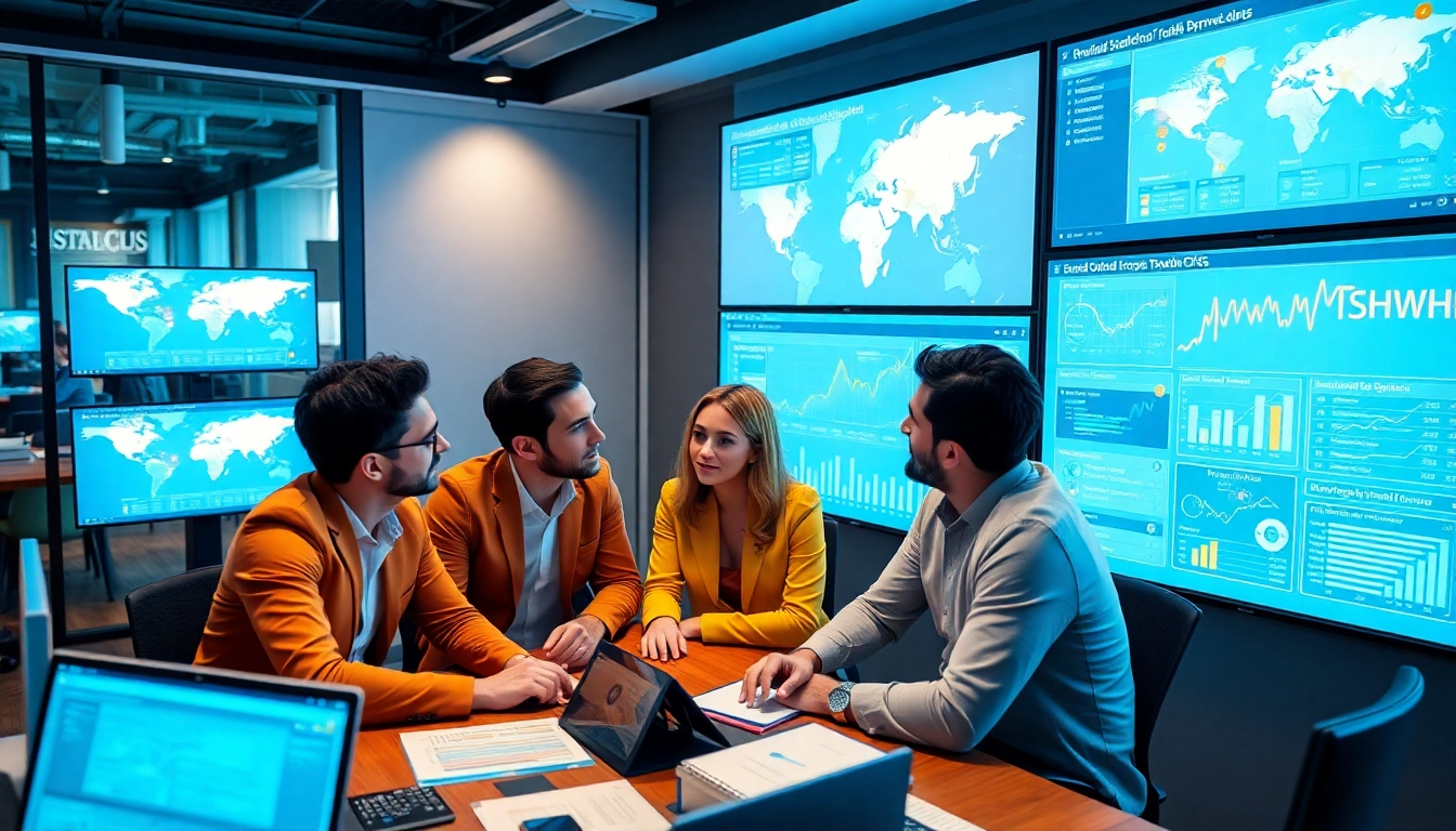Team analyzing global startup updates on digital devices in a dynamic workspace environment