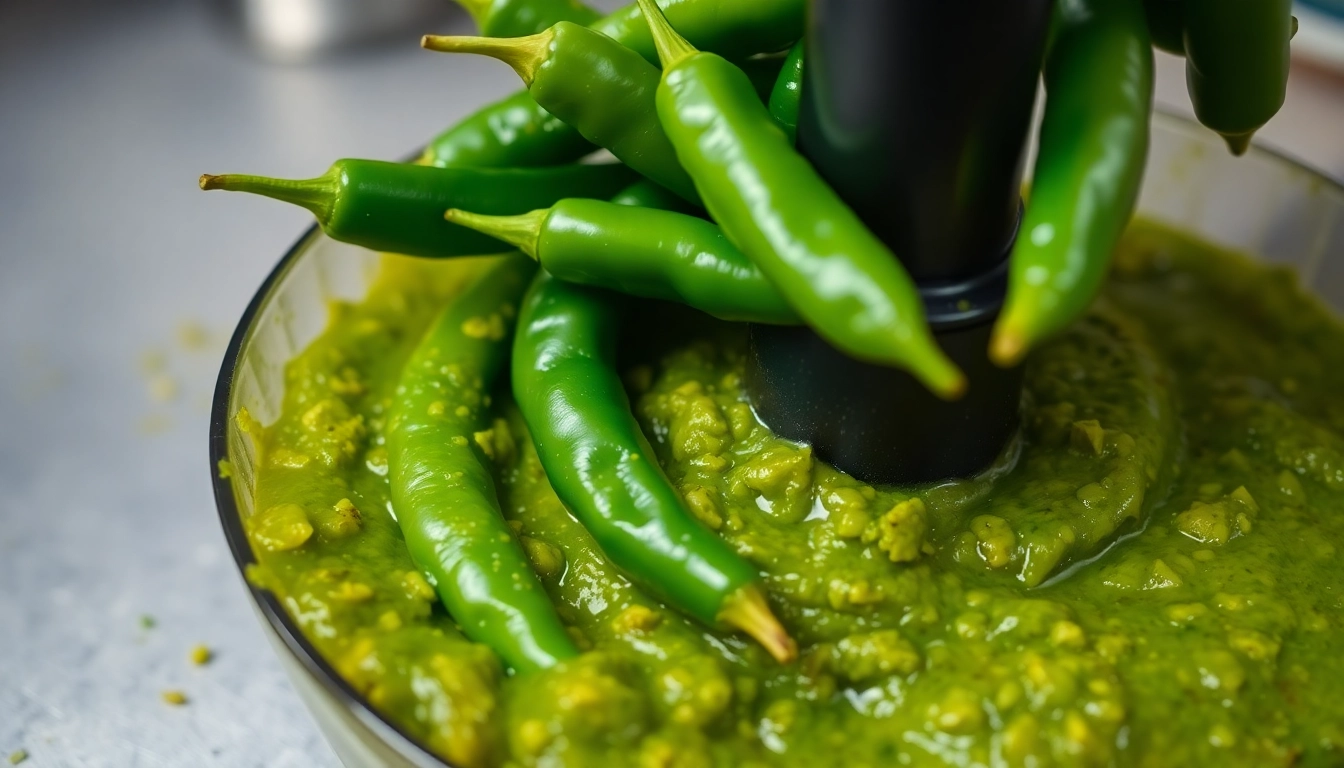 High-quality green chilli paste being prepared with fresh green chillies, showcasing vibrant