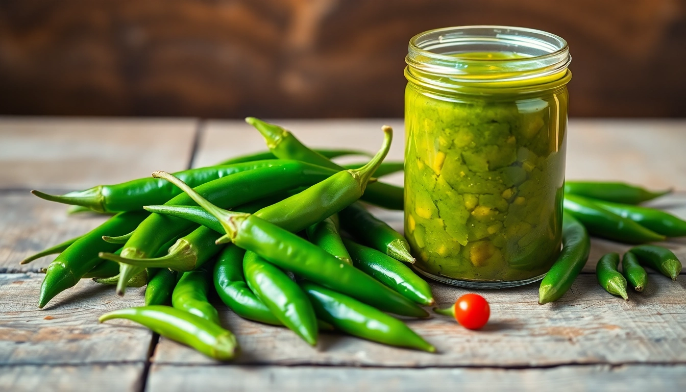 Green Chilli Paste in glass jar showcasing fresh chilies nearby, highlighting freshness and